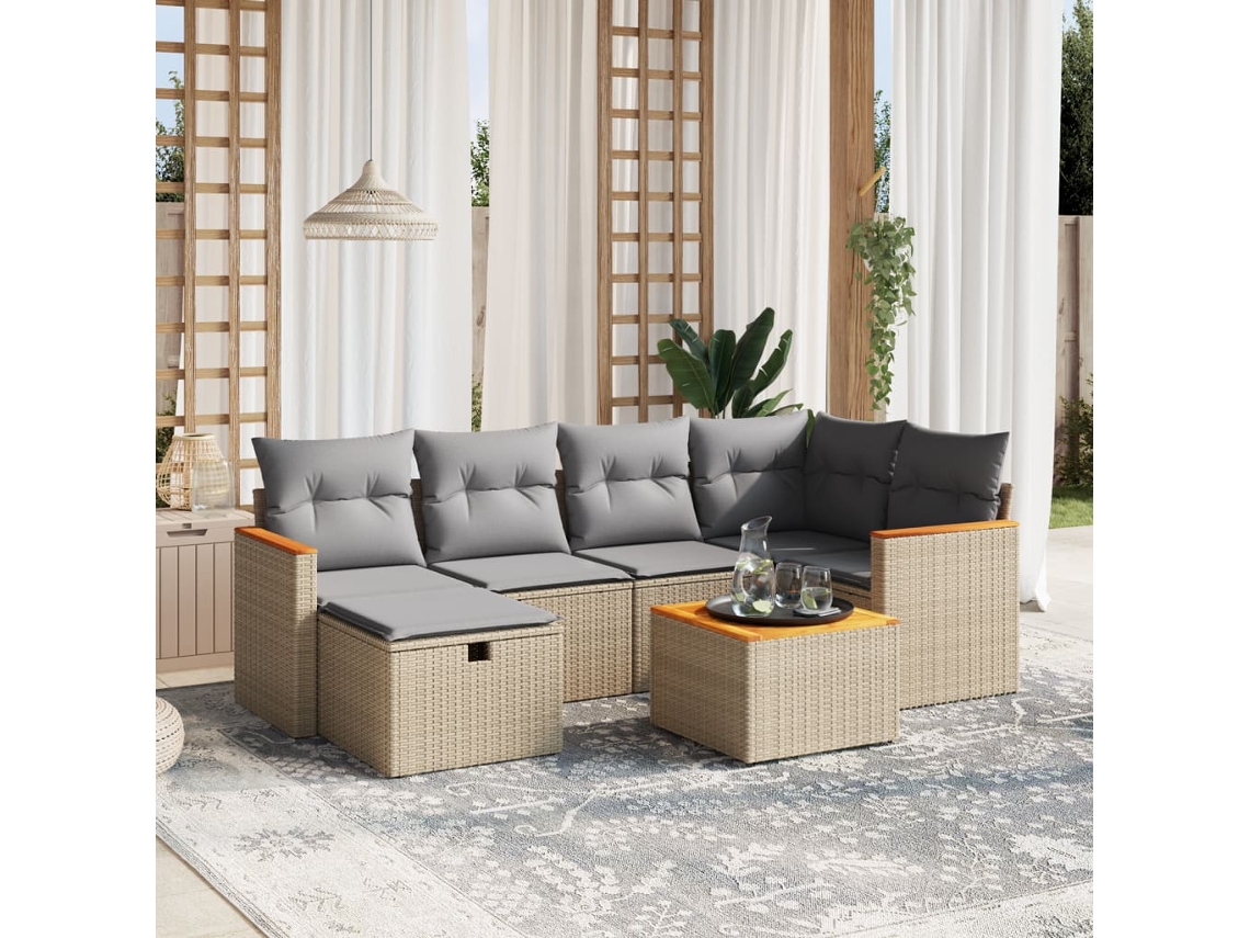 Vidaxl 7 Pcs Conj. Sofás Jardim C/ Almofadões Vime Pe Bege Misturado