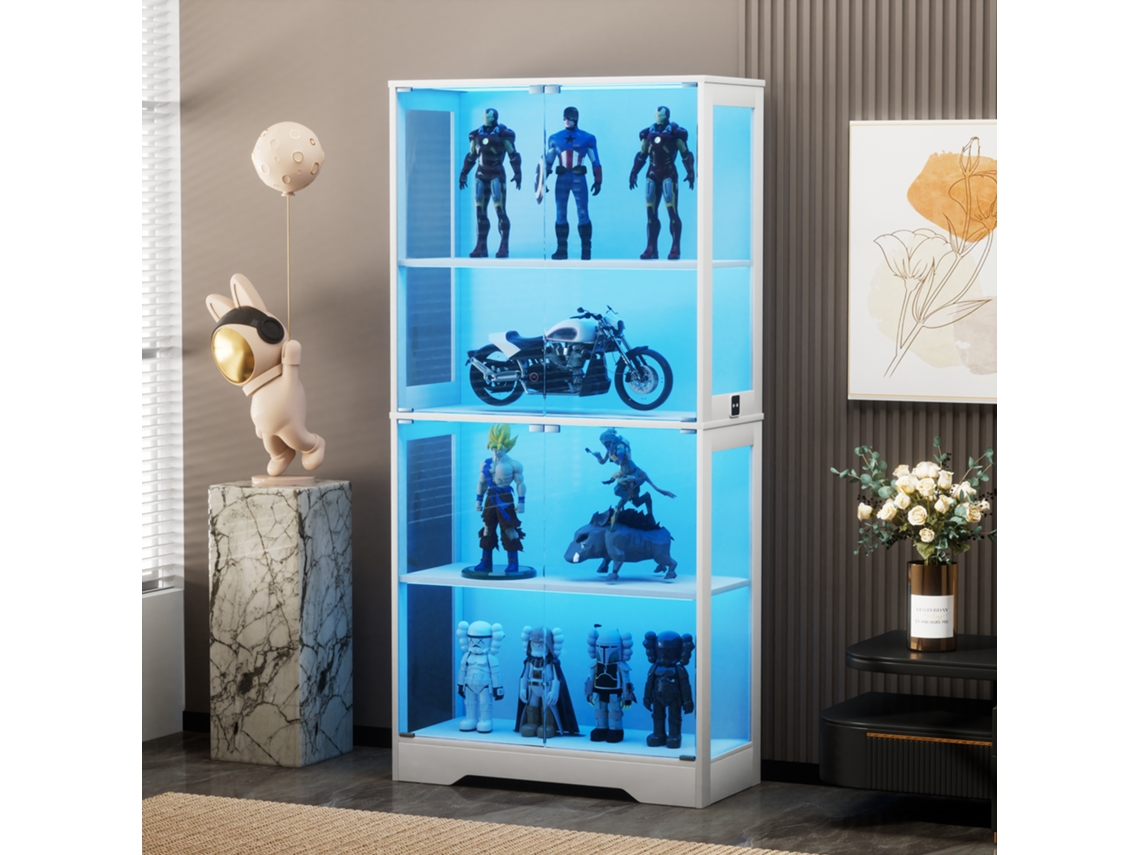 Vitrine De Vidro Quatro Andares Com Armazenamento, Luz Led, Portas De Vidro E Sensores Inteligentes. Ideal Para Salas, Quartos E Escritórios. Branca.