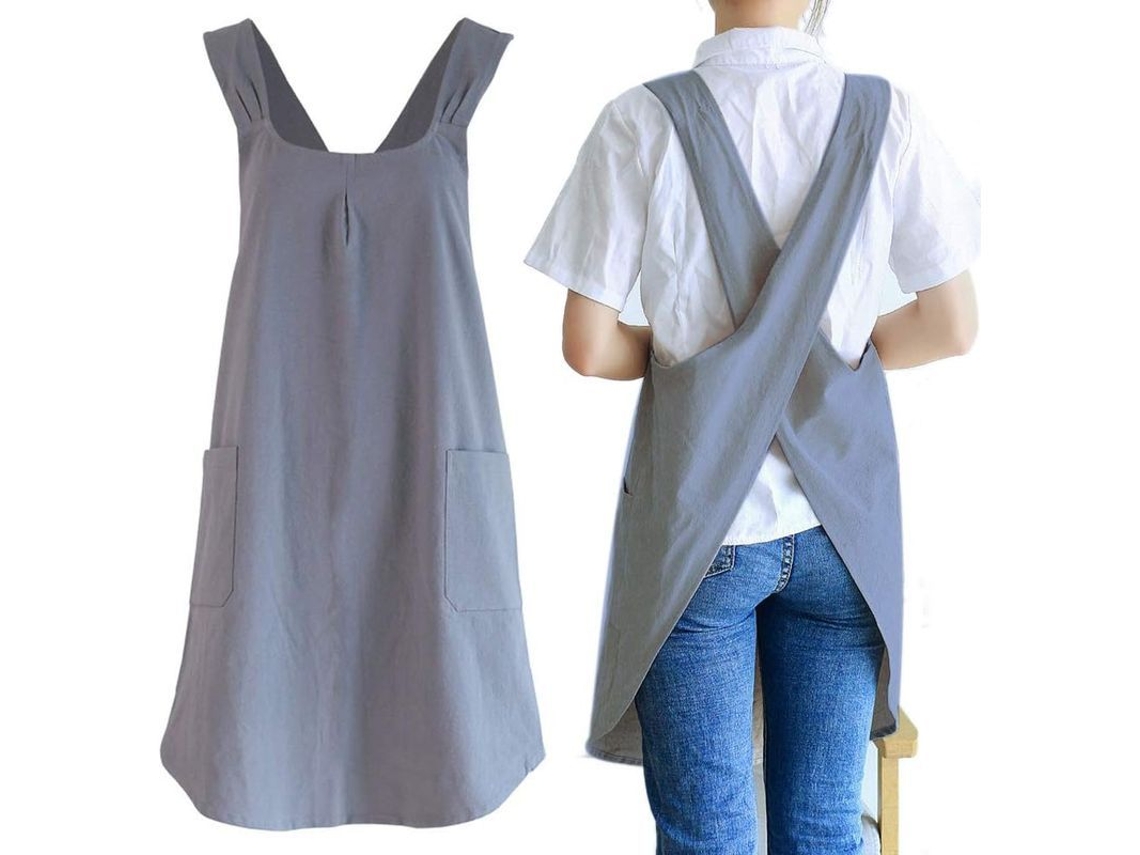 2026 delantal de Cozinha Linjou para Mulher com Bolsos de Algodão e Linho Cinza para Cozinhar, Assar e Pintar