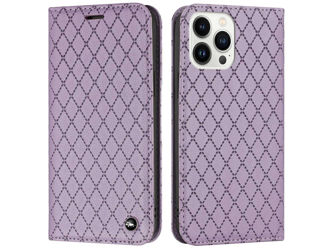 Capa Textura Lichia Bloqueio Para Iphone 14 Pro Max Pele Sintética Anti-riscos Roxo