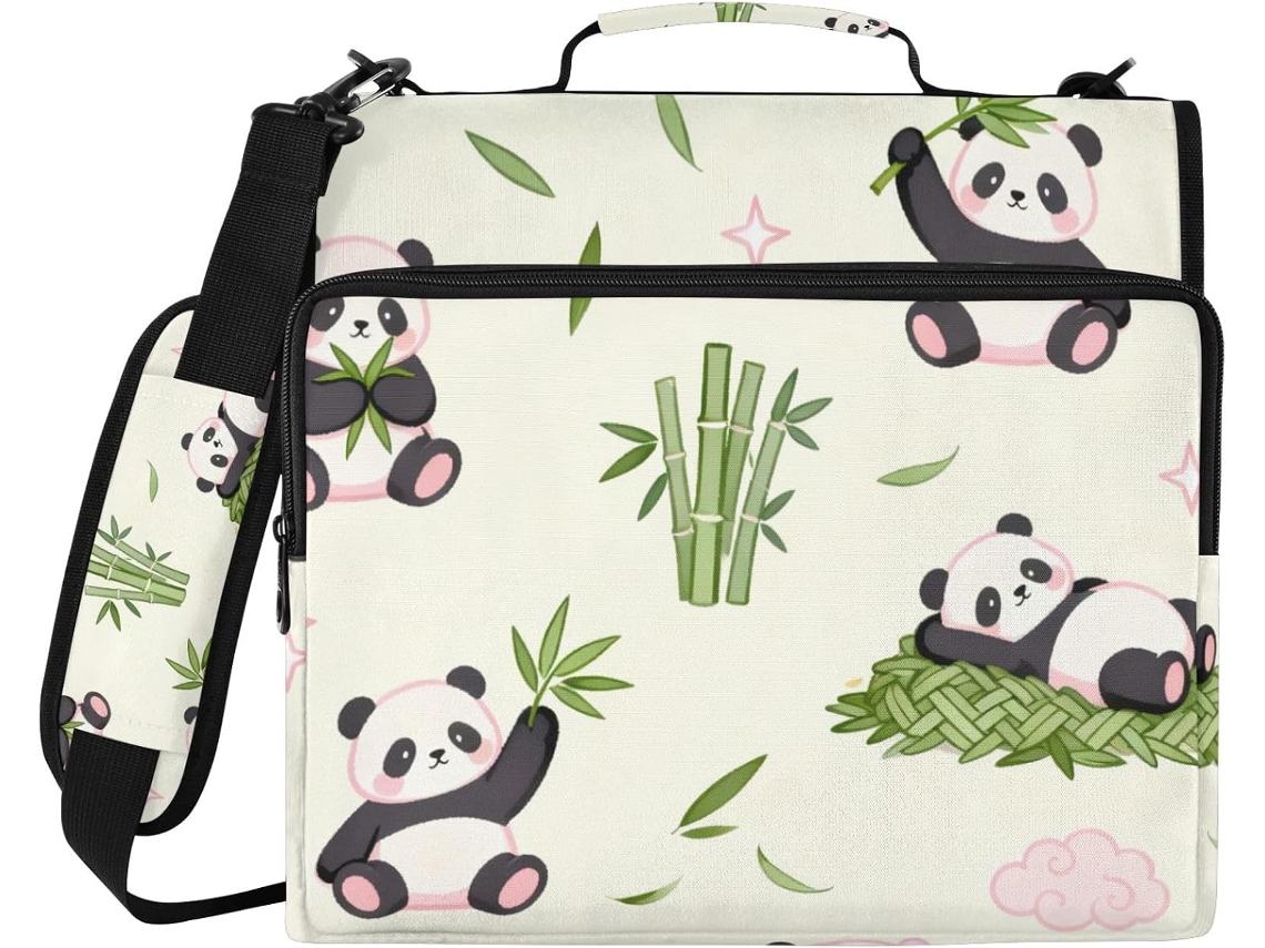 Bolsa de bambu colorida com estampa de panda, 3 argolas, resistente, com zíper, alça de mão e de ombro removíveis. Inclui bolsa.