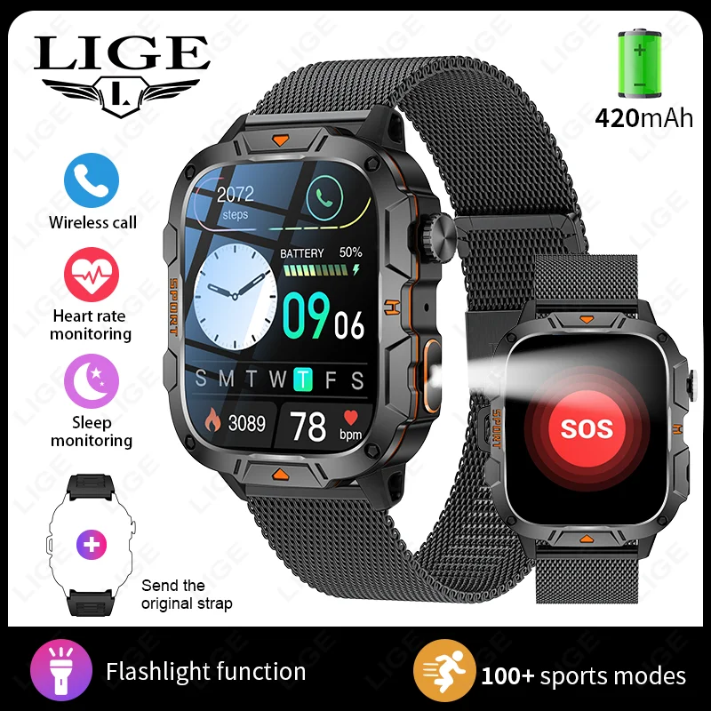 (malha Preta) Smartwatch De Nível Militar Com Tela Sensível Ao Toque Hd De 1,96 Polegadas E Chamadas De Voz Via Bluetooth.