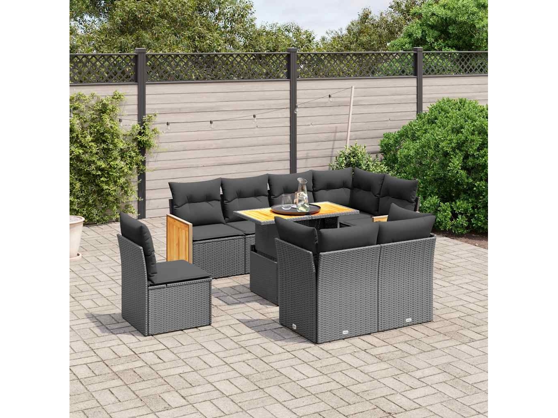 Vidaxl 9 Pcs Conjunto De Sofás P/ Jardim C/ Almofadões Vime Pe Preto
