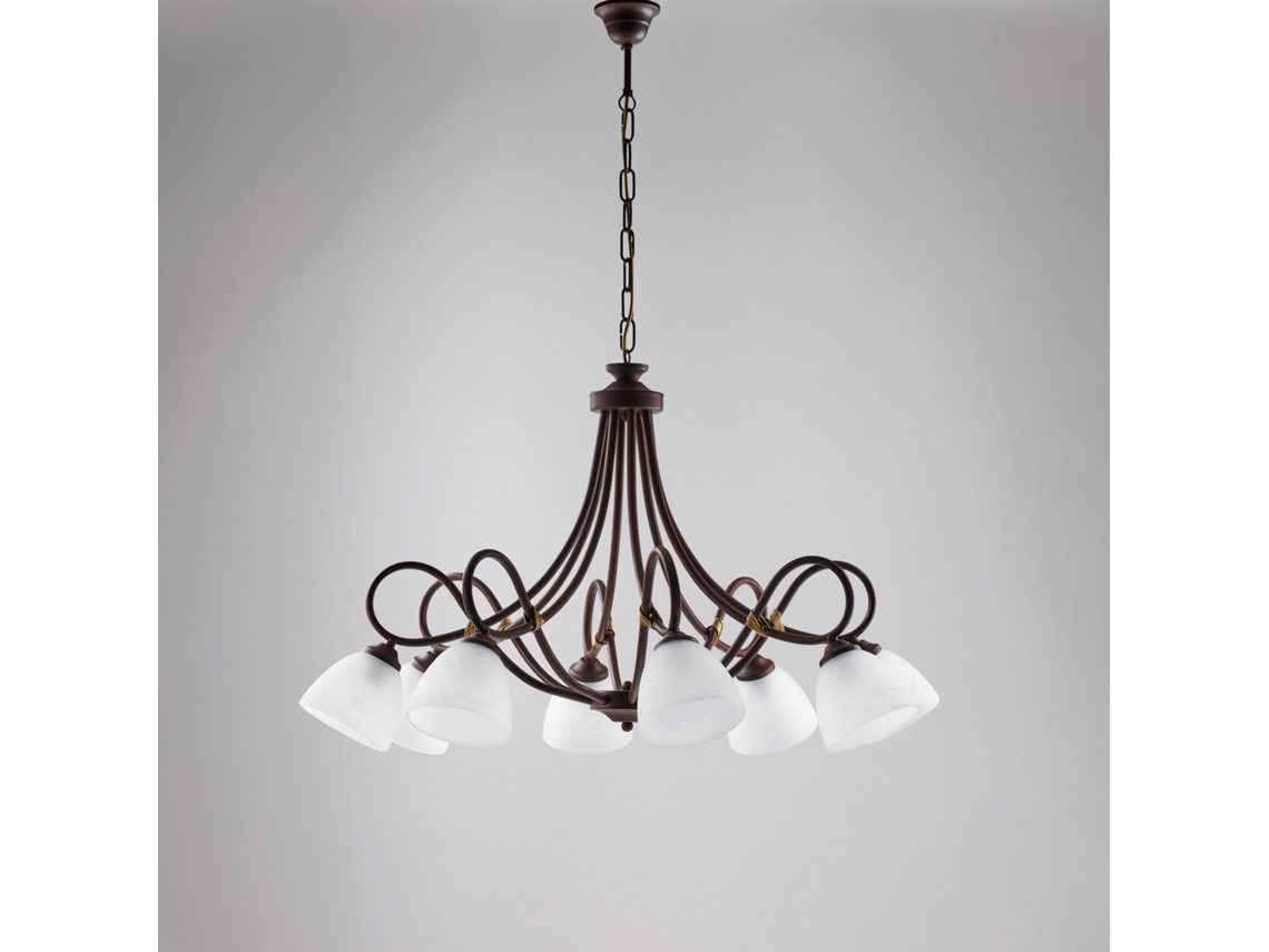 Dallas Lustre Em Ferro Lacado Preto Com Deco Efeito Ferrugem E Acabamento Em Ouro Antigo Com Difusores De Vidro D. 13 Alabastro Branco 8 Luzes Belight