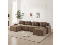 Sofá U Chaise 4 Assentos Veludo Assento Profundo Marrom