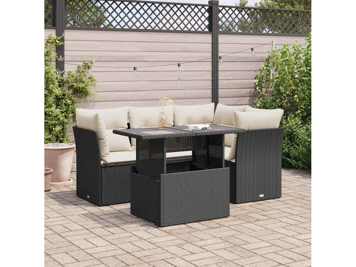 Vidaxl 5 Pcs Conjunto Sofás De Jardim Com Almofadões Vime Pe Preto