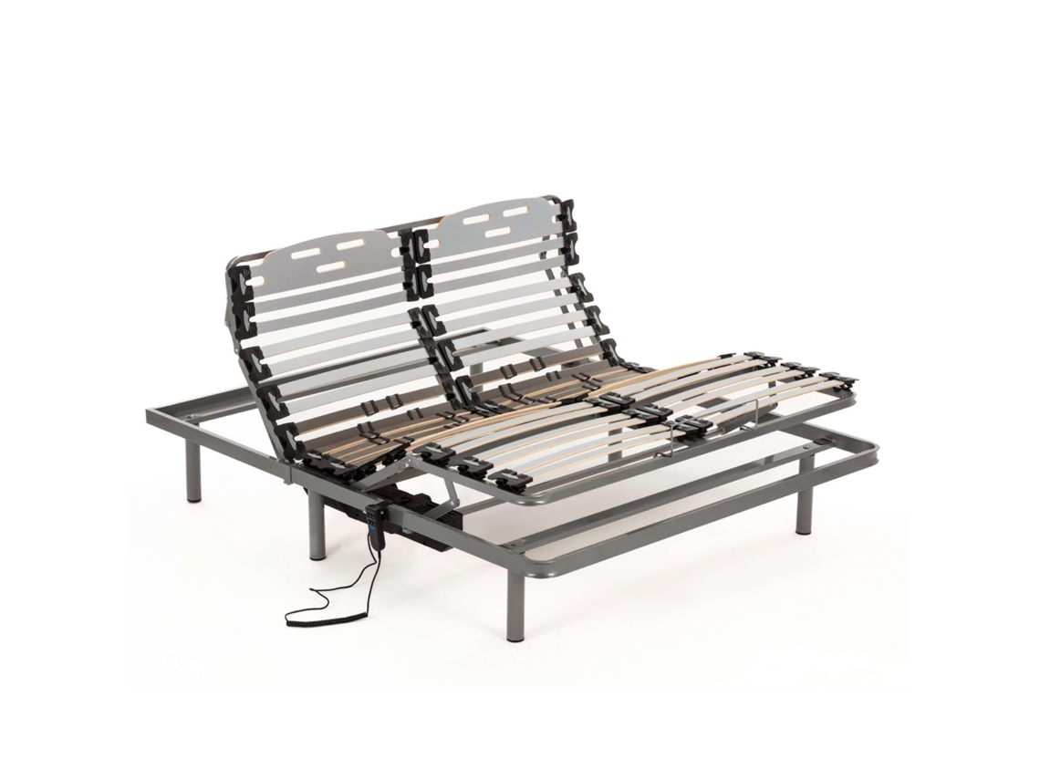 Cama articulada NALUI Procare 135x190 cm com controle remoto Procare, 11 ripas de madeira de faia de 10 cm e estrutura de aço cinza