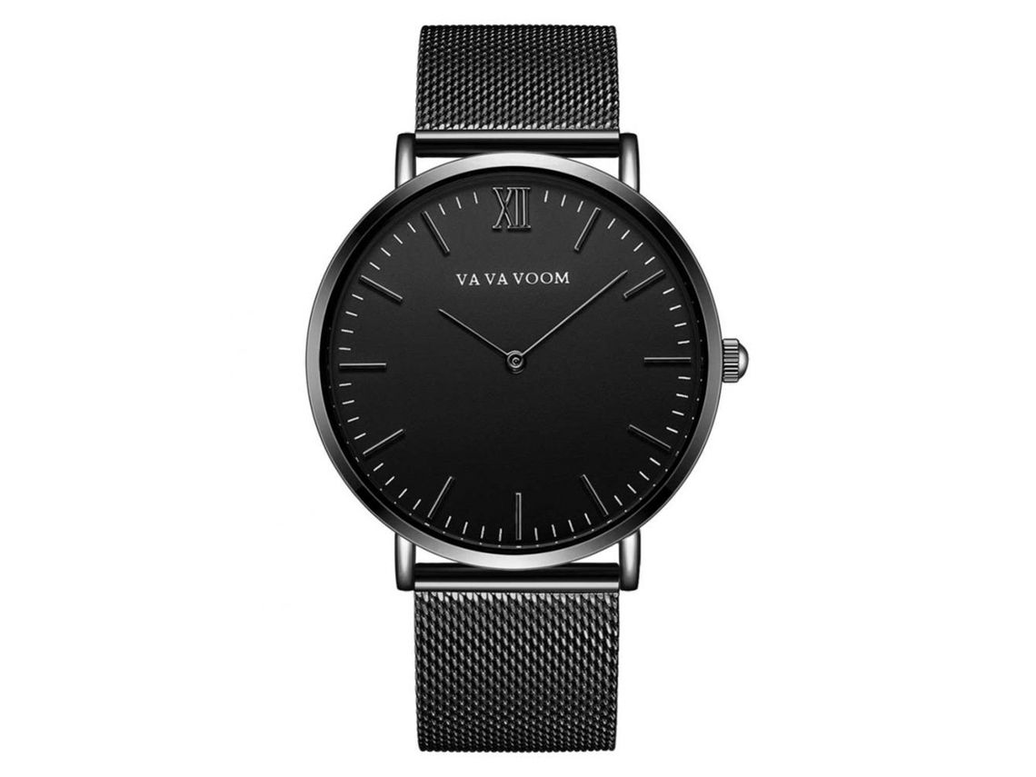Relógio masculino Vava Voom Fashion com pulseira de metal e movimento de quartzo, preto.
