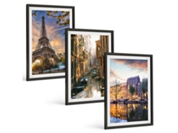 Galeria De Pinturas Murais Torre Eiffel, Canais De Veneza, Amsterdã Moldura Preta Fotos Para O Escritório Espelharte (3 Piezas De 40x60 Cm)