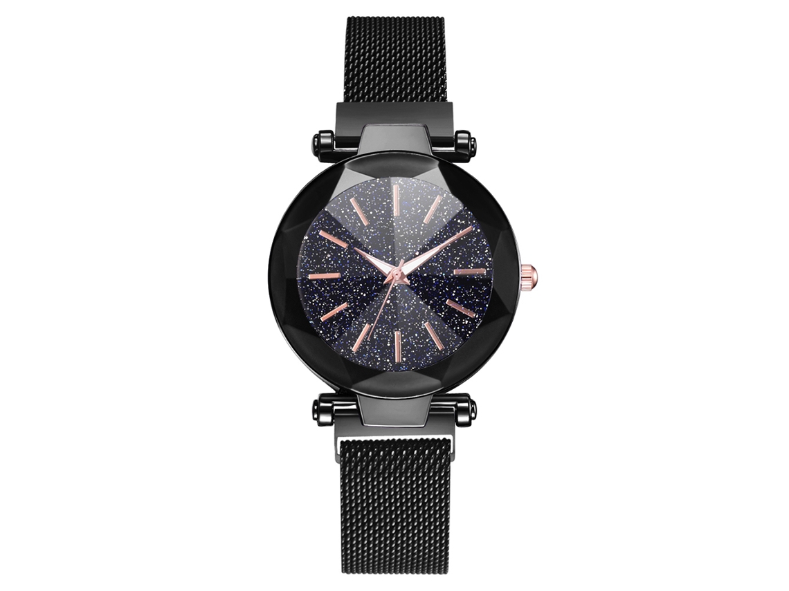 Relógio Feminino de Quartzo com Pulseira de Malha e Botão Magnético Mostrador Redondo Alloy Preto