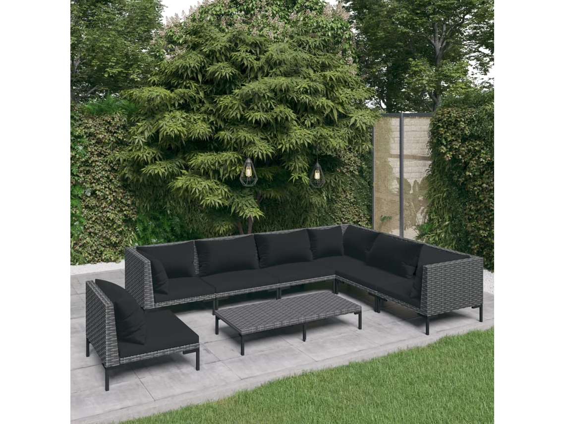 Vidaxl 8 Pcs Conj. Lounge Jardim C/ Almofadões Vime Pe Cinzento-escuro