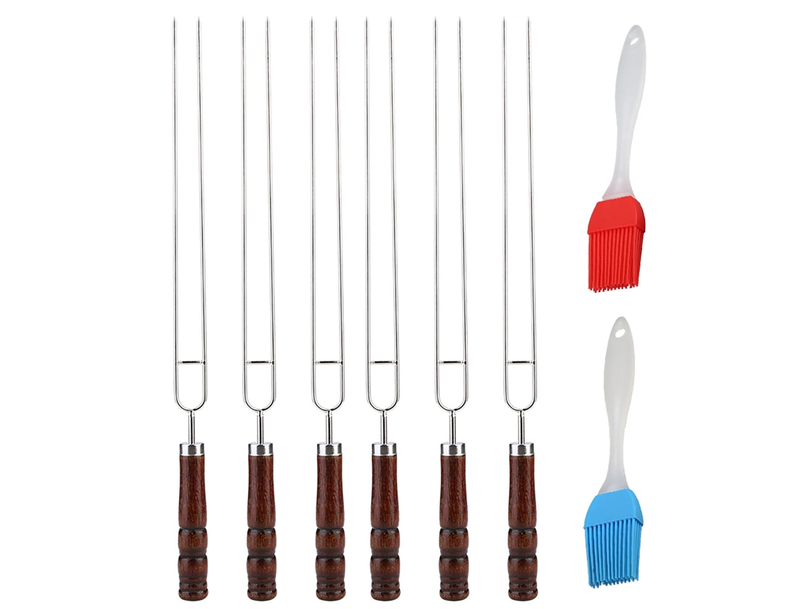 Espeto De Churrasco 6pcs Aço Inox U Com 2 Pincéis De Silicone