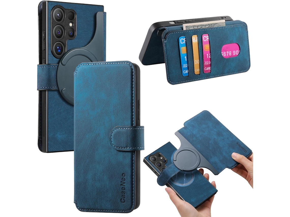 Capa Para Samsung Galaxy S26 Em Couro Retrô Com Carteira Magnética, Flip. Azul Czhhmart