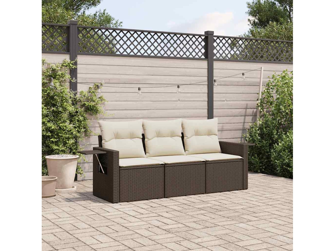 Vidaxl 3 Pcs Conjunto Sofás De Jardim Com Almofadões Vime Pe Castanho