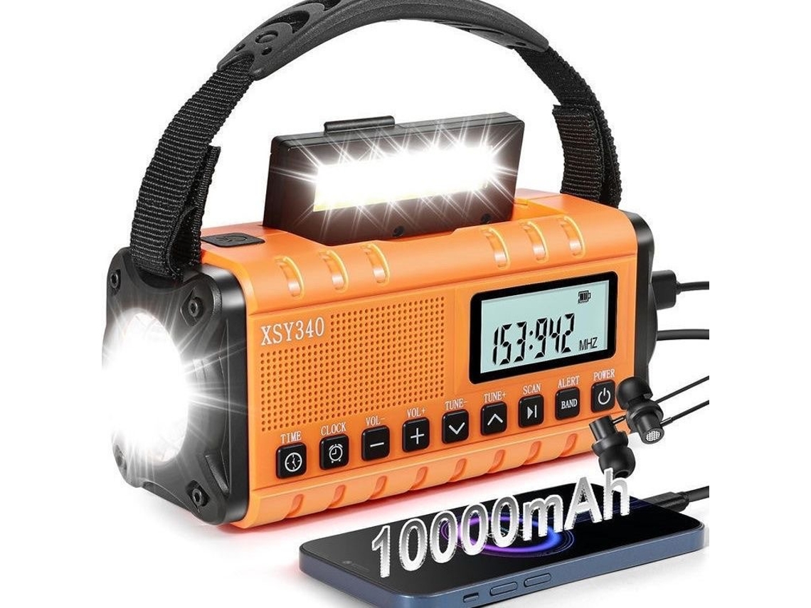 Rádio de Emergência com Células Solares, Am/fm Portátil com Manivela e Bateria de 10000mah, Alarme Sos, Lanterna, Laranja AQUAFORGE