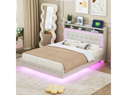 Cama Casal 1,40m X 2,00m, Com Tomada Usb E Luz Led, Cabeceira Com Nicho, Pés Ocultos, Tecido Linho Bege.