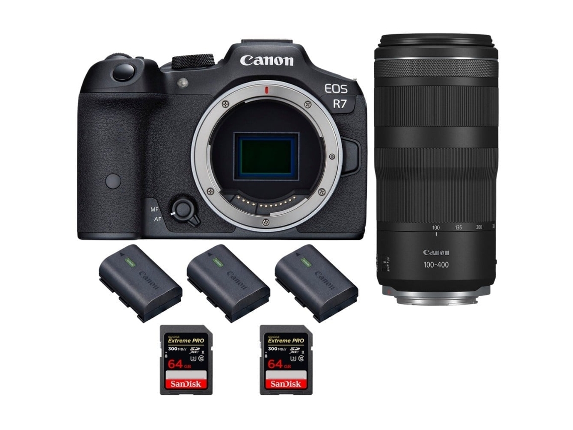 Eos R7 + Rf 100 400mm Is + 2 Sandisk 64gb Uhs ii 300mb/s + 3 Canon Lp e6nh Máquina Fotográfica Híbrida + Ebook Pricedirect CANON