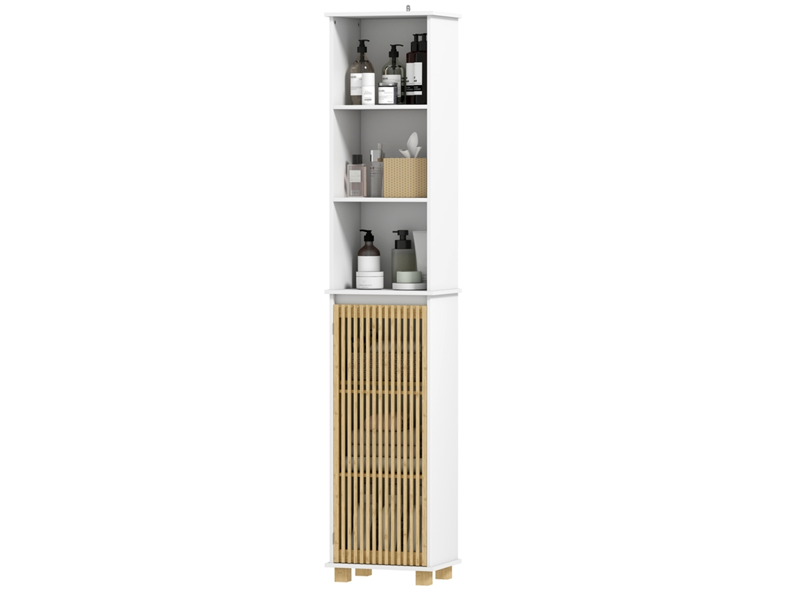 Coluna Banheiro Cor: Branco Armazenamento Com Porta Ripas Bambu E Comp. Abertos
