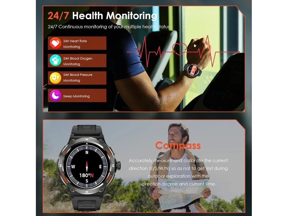 Bestvite Smartwatch tático robusto de 1,53" para homens com luz LED potente, 3 modos de lanterna, 500 mAh à prova d'água, rastreador de condicionamento físico de 3 ATM