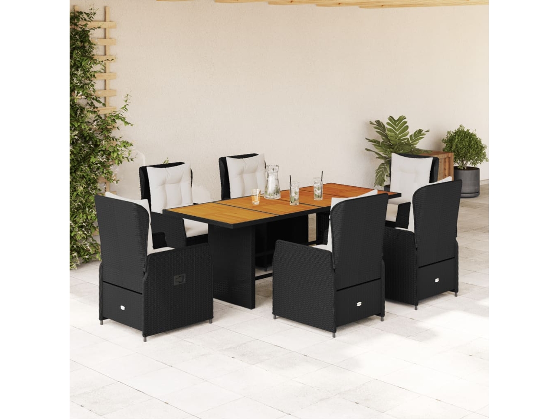 Vidaxl 7 Pcs Conjunto De Jantar P/ Jardim C/ Almofadões Vime Pe Preto