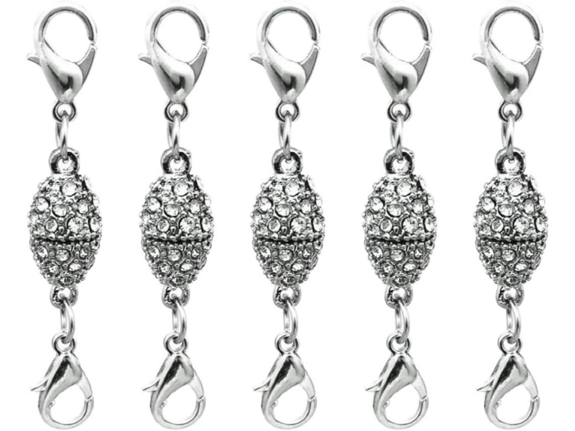 Mosquetão com Strass, Formato de Azeitona 8 Mm, 5 Peças, Fecho Magnético Metal, Cor Prata, CHABERLU