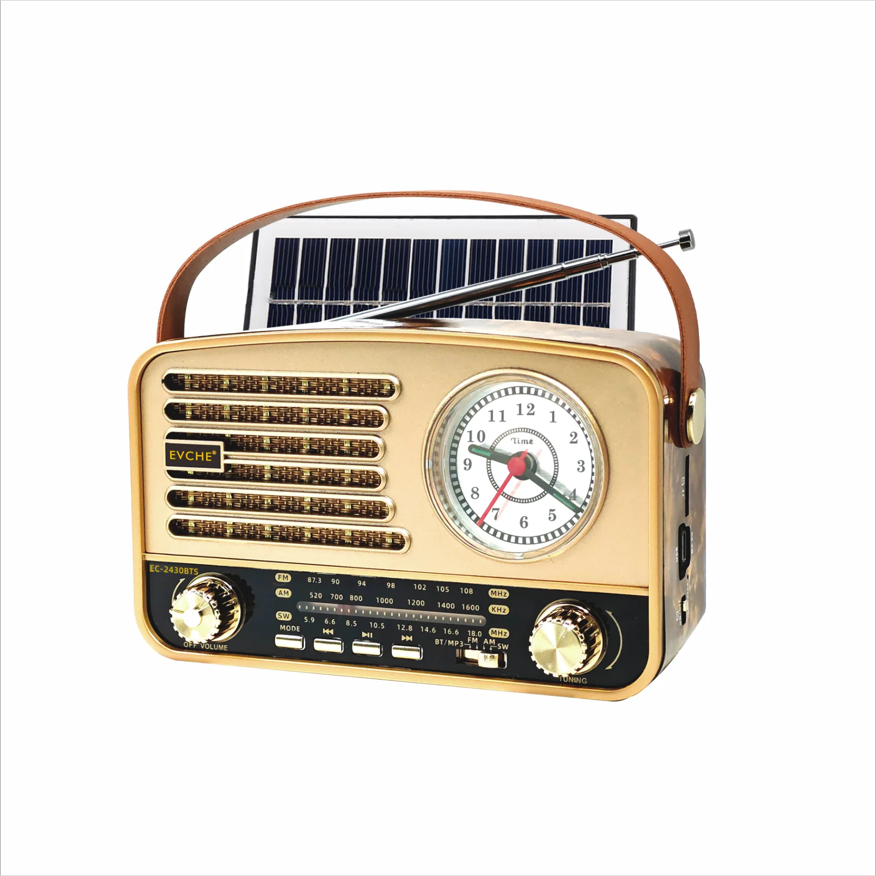 Rádio de Banda Completa MDUG com Relógio Retrô, Painel Solar, Alto falante Bluetooth, Cartão Tf, USB (dourado Claro)