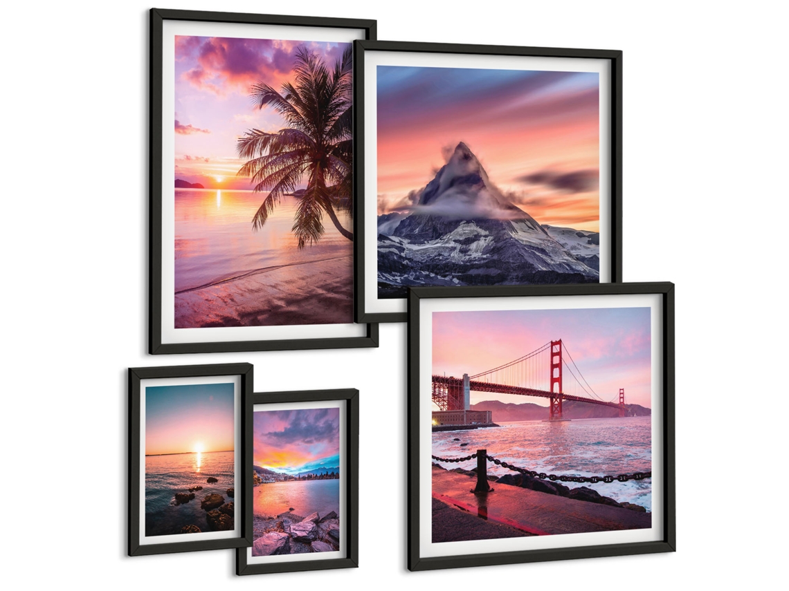 Composição De Quadros Montanhas Abstratas, Sol Moldura Preta Imagens Para Um Quarto Infantil Espelharte (conjunto De 5 Imagens)