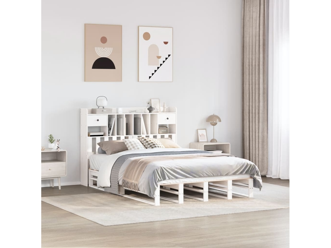 Vidaxl Cama Com Estante Sem Colchão 160x200 Cm Pinho Maciço Branco