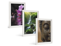 Galeria De Pinturas Murais Flores, Cachoeira, Buda, Rochas, Zen Moldura Branca Quadros Para A Sala De Estar Espelharte (3 Piezas De 40x60 Cm)
