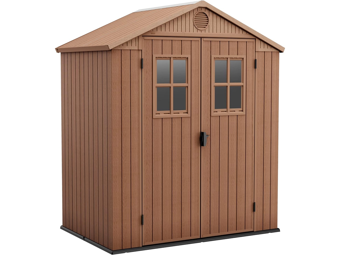 KETER Casa de Jardim Darwin 6x4 ao ar livre abrigo de armazenamento exterior organização aço metal resina efeito madeira 190x122x221 WxDxH cm