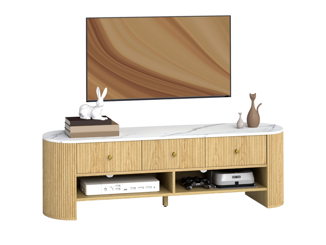 Suporte para Tv de 140 Cm, Móvel para Tv de 65 Polegadas, Efeito Mármore, 3 Gavetas com Frentes Caneladas em Efeito Madeira Natural. CHEZMOI