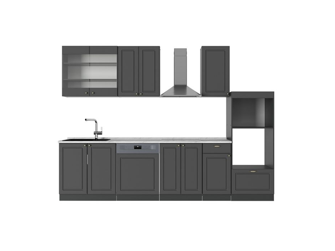 Linha De Fama Da Cozinha, 300cm Com Armário Alto, Pt Mármore, Antracite Dourado Landhaus, Antracite, Vicco