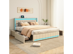Cama Estofada com Arrumação e Iluminação Led, 4 Gavetas em Ferro, Porta Usb, Tecido em Linho, Bege (180x200 cm)