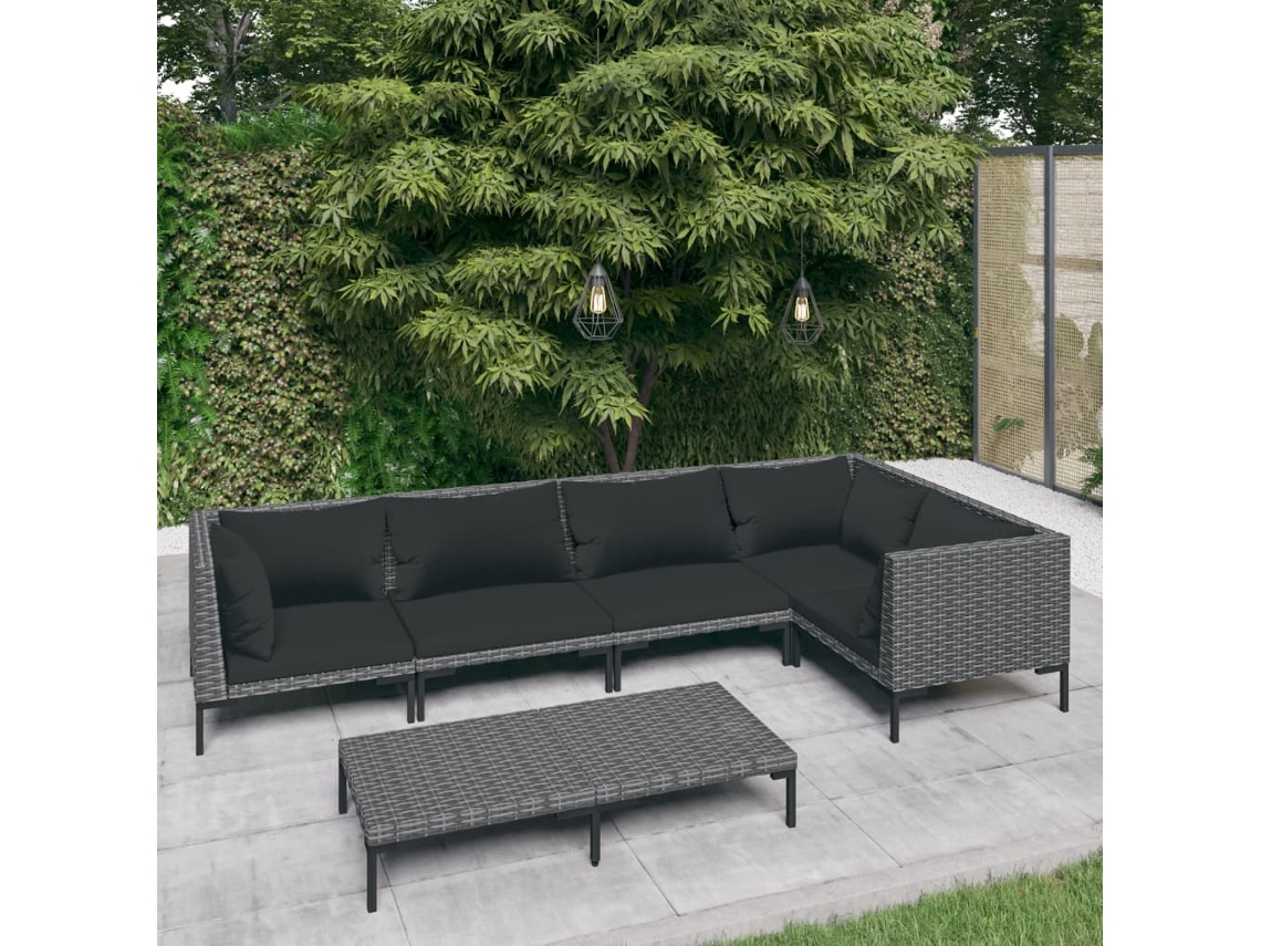 Conjunto 6 Peças Lounge Jardim C/ Almofadões Vime Pe Cinzento Escuro Dkd Home Decor