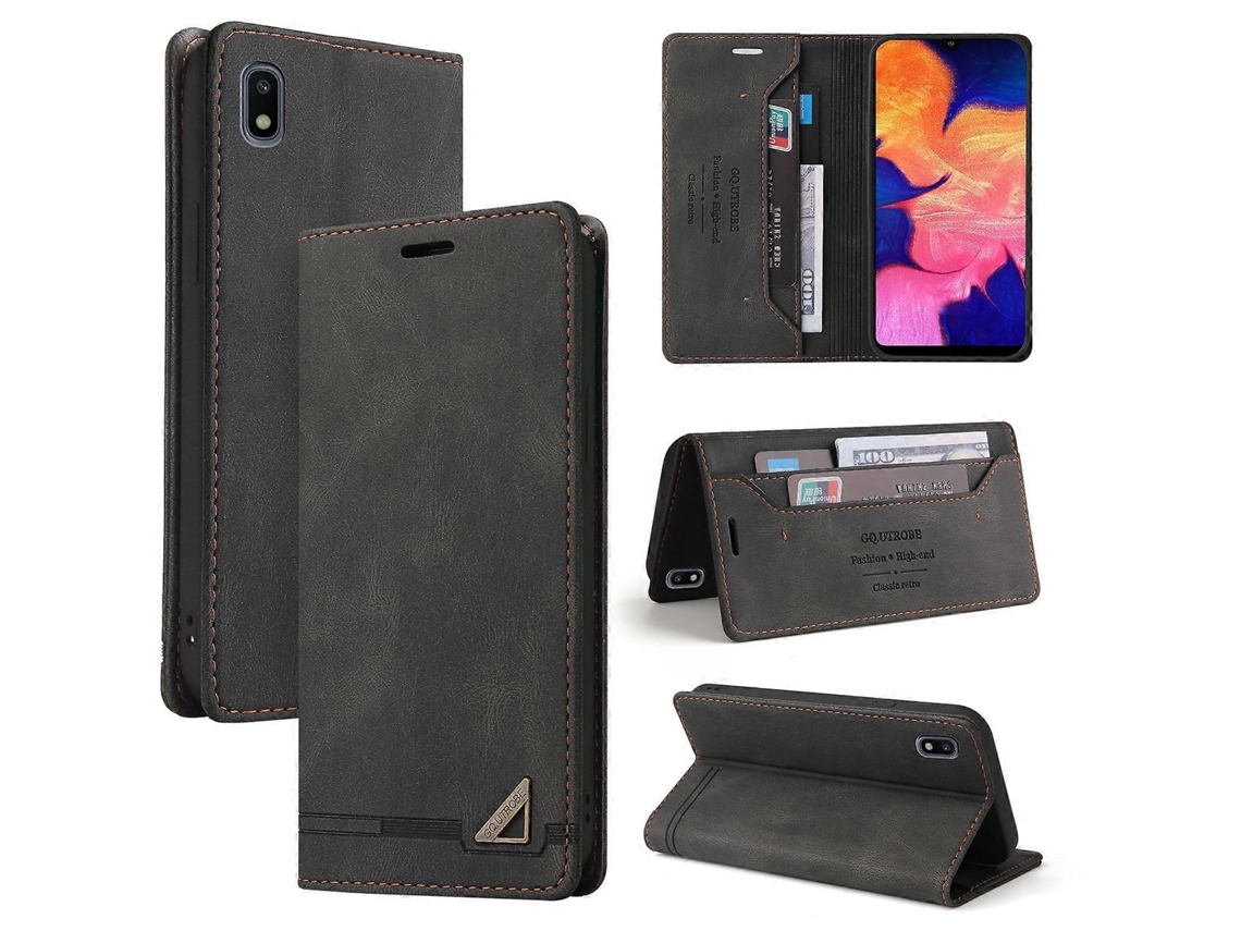 Capa De Couro Escovado Horizontal Com Aba, Resistente A Furtos, Para Samsung Galaxy A10, Com Suporte, Compartimentos Para Cartões E Carteira.