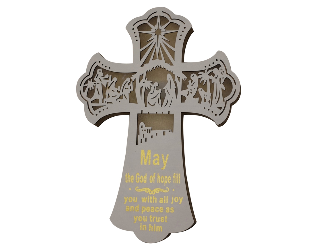 Decorativo Cruz de Madeira Iluminada com Recorte para Páscoa e Natal, Hanging 36,5x25,5 cm | S/MARCA
