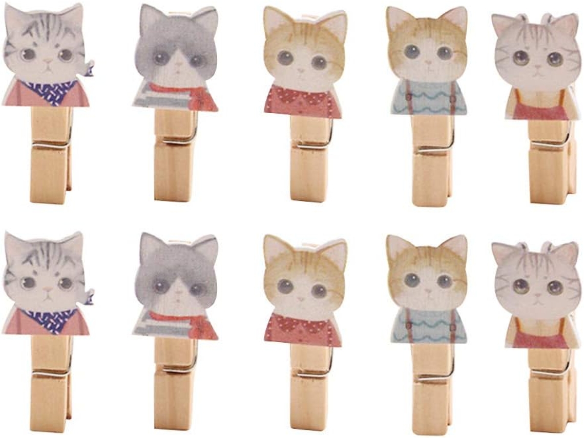 Prendedores de Roupa Madeira, 10 Peças, Design Gato, Natural, Pequenos com Cordão 1, 2 M, CHABERLU