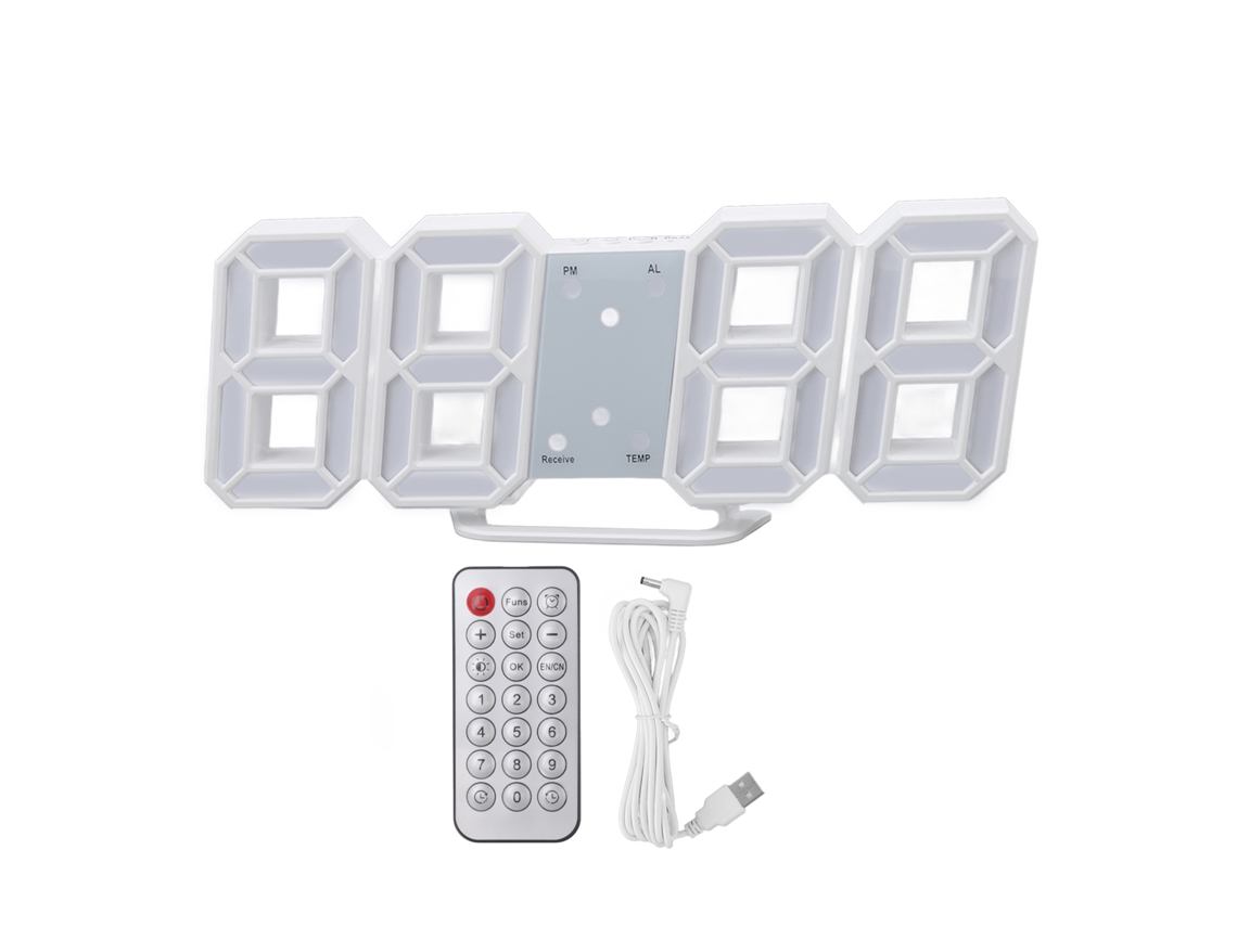 Relógio digital 3D LED com temporizador, temperatura e luz noturna, controle remoto, branco.