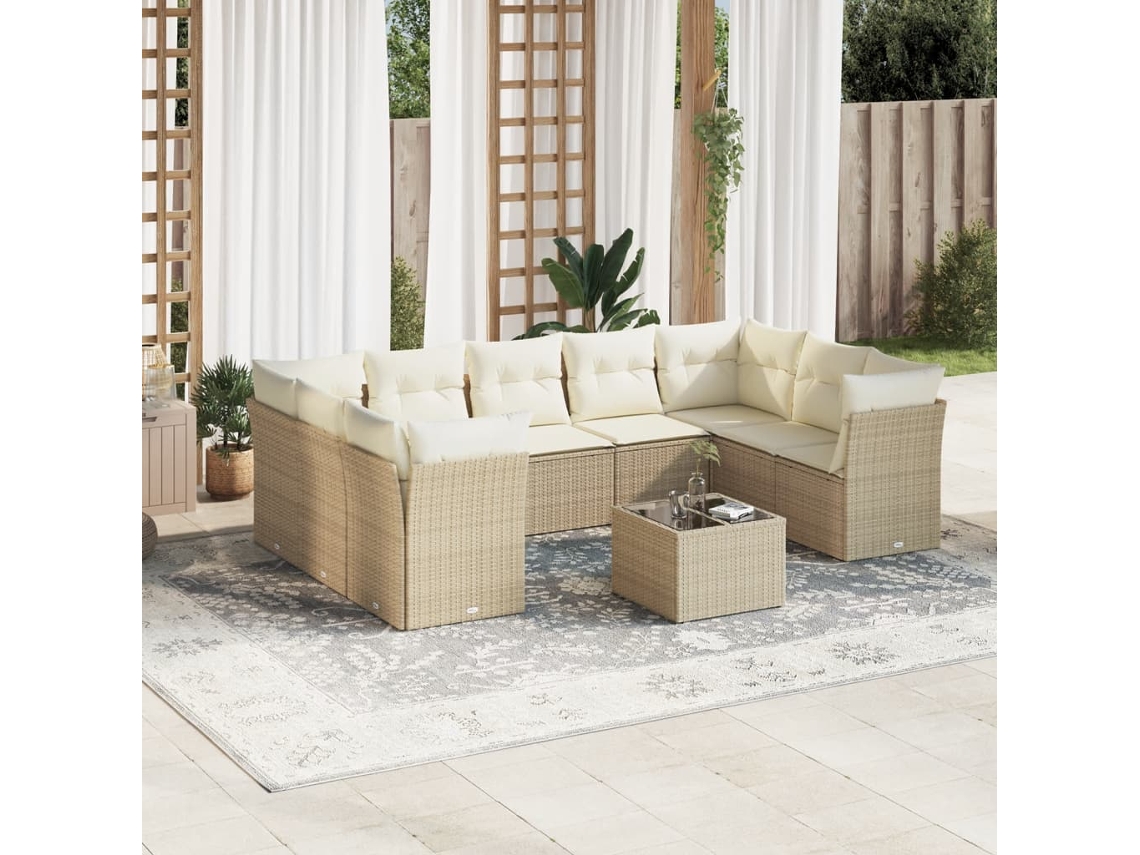 Vidaxl 10 Pcs Conjunto De Sofás P/ Jardim Com Almofadões Vime Pe Bege
