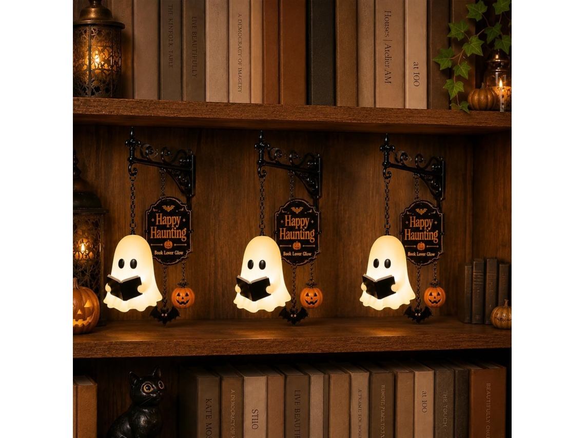 Lanterna Fantasma Para Estante Com Abóbora E Morcego, Luminária