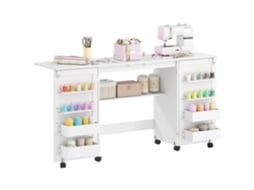 Mesa de costura dupla, armário de costura com rodas, 2 suportes magnéticos, 4 caixas, 20 ganchos, 160x40x81,5cm, Branco Didoji