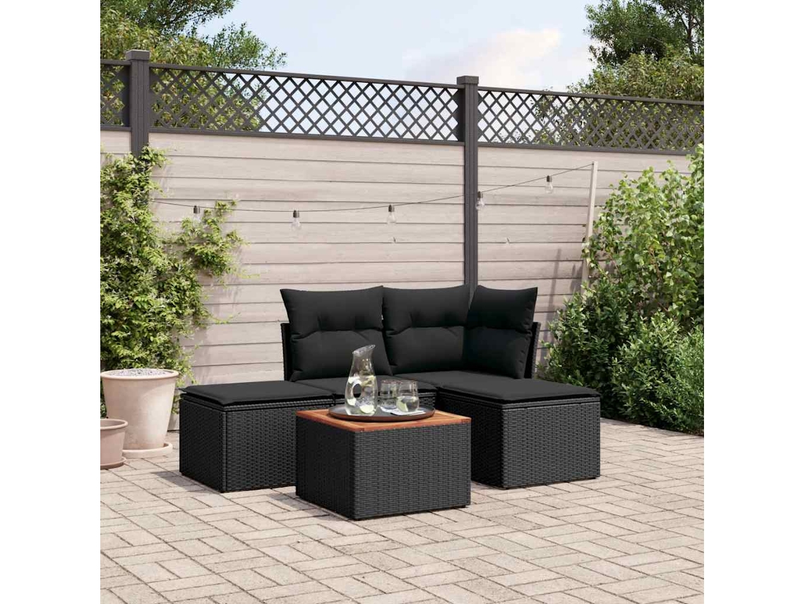Vidaxl 5 Pcs Conjunto Sofás De Jardim Com Almofadões Vime Pe Preto