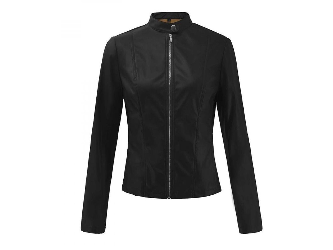 2026-chaqueta De Cuero Falso Vintage Otoño Para Mujer Con Cremallera Y Cuello Alto Slim Fit Manga Larga Uvx L Negro
