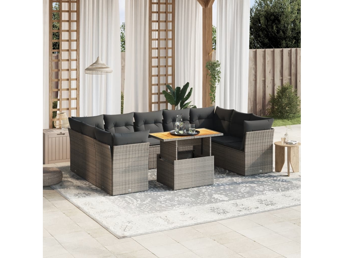 Vidaxl 10 Pcs Conjunto Sofás De Jardim C/ Almofadões Vime Pe Cinzento