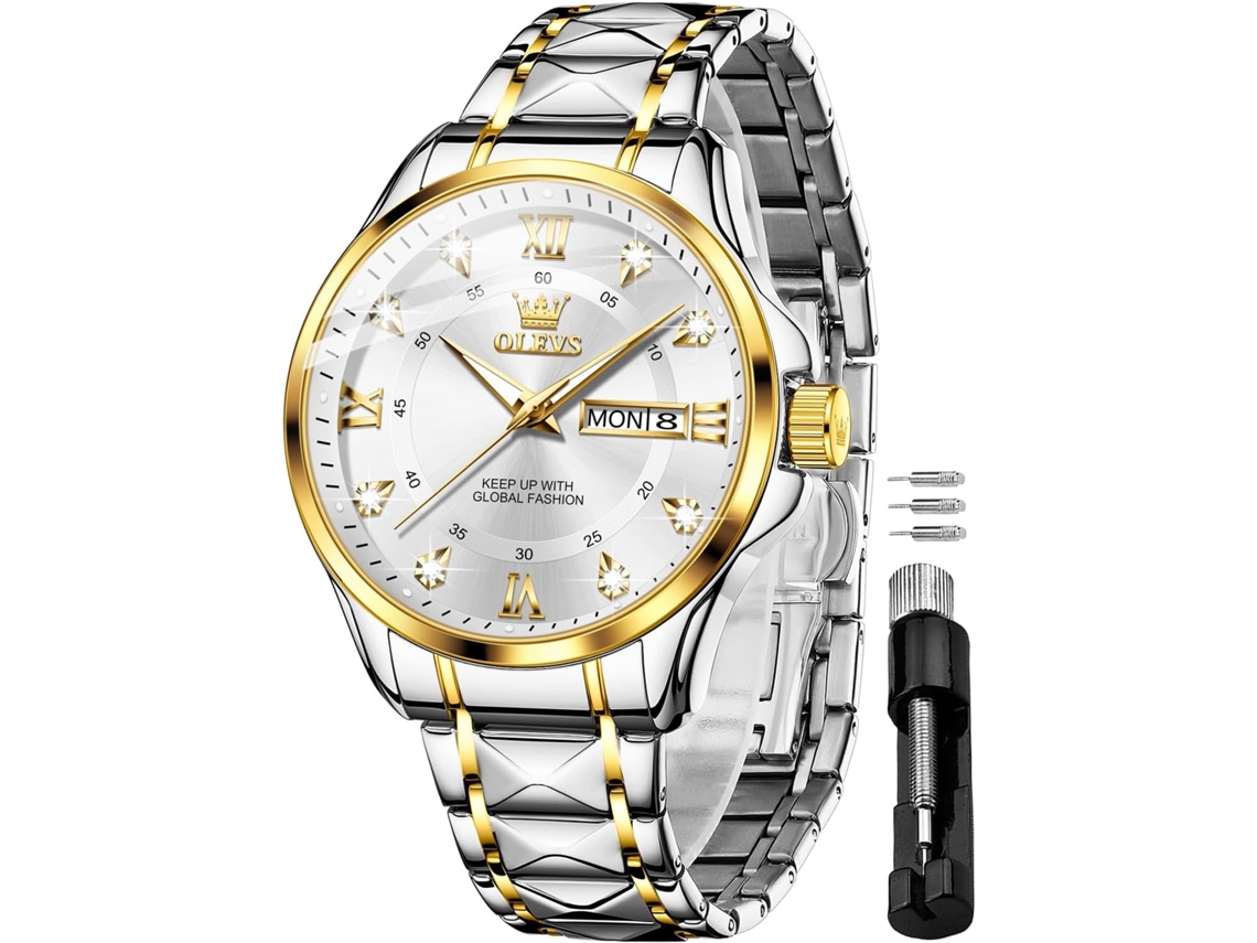 Lurelia Relógio Masculino, Movimento De Quartzo, Analógico, Data/calendário, Luminoso, Detalhes Com Strass, Aço Inoxidável, Branco