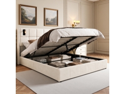 Cama De Casal 140x200 Em Veludo Bege Capitonada Com Coffre A Gás, Pregos De Latão, Luz Led Usb, Luxo Francês, Ideal Pequeno Apartamento