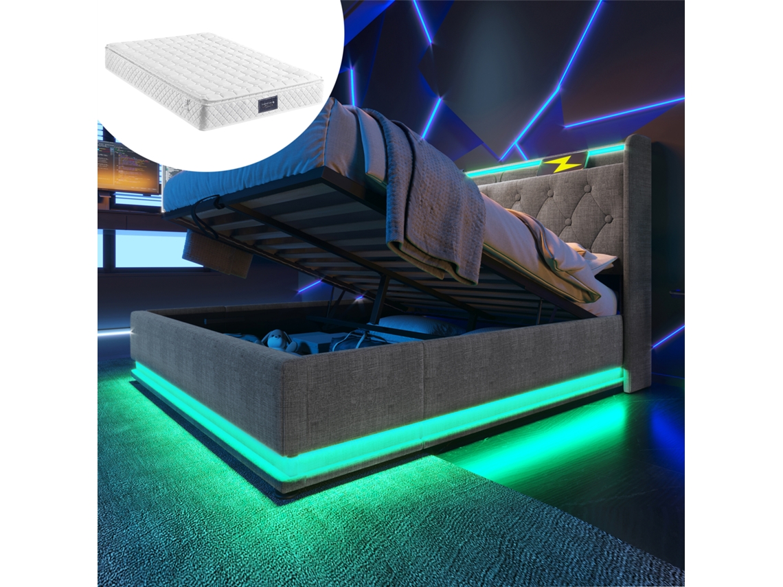 Cama De Casal 160x200 Cm Cinza Led-usb Com Colchão E Armazém