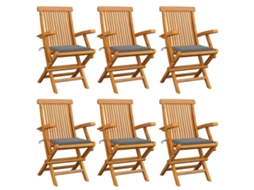 Vidaxl Cadeiras De Jardim C/ Almofadões Cinzentos 6 Pcs Teca Maciça
