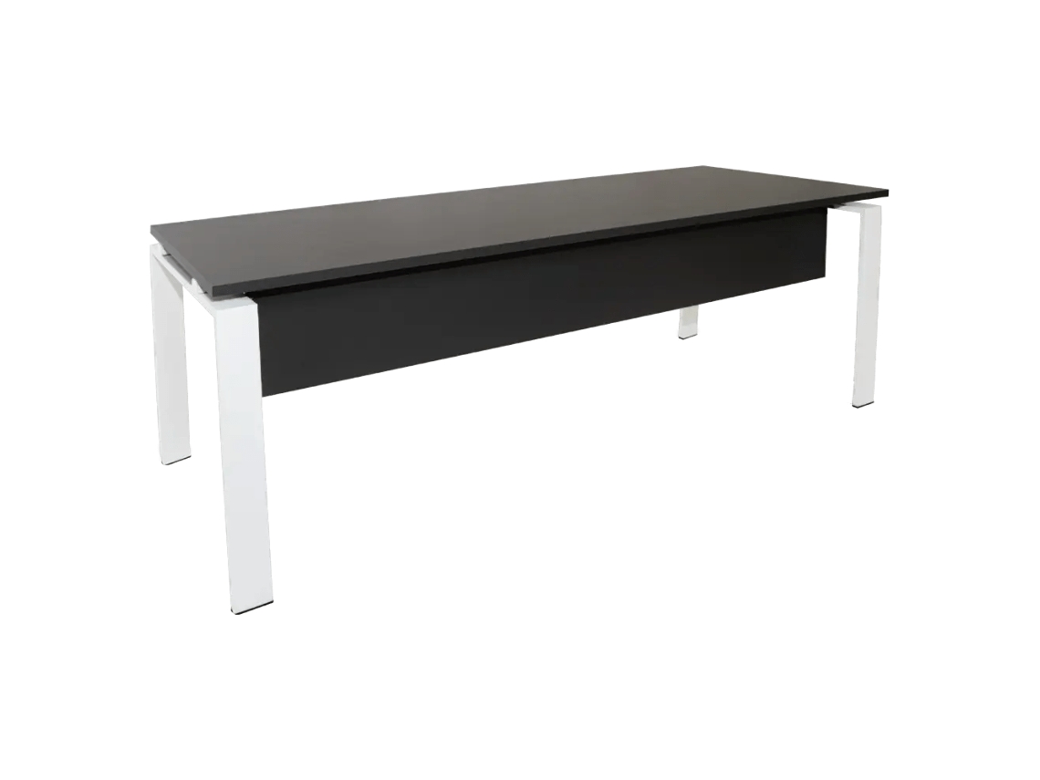 Mesa-Mesa com Saia. Estrutura metálica aberta branca. 180x80cm. Cinza. OFILIKE