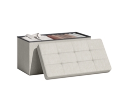 Armazenamento Puff. Creme Banco De Dobrável 84 L 76x38x38 Cm Estofado Em Linho Sintético Para Baú